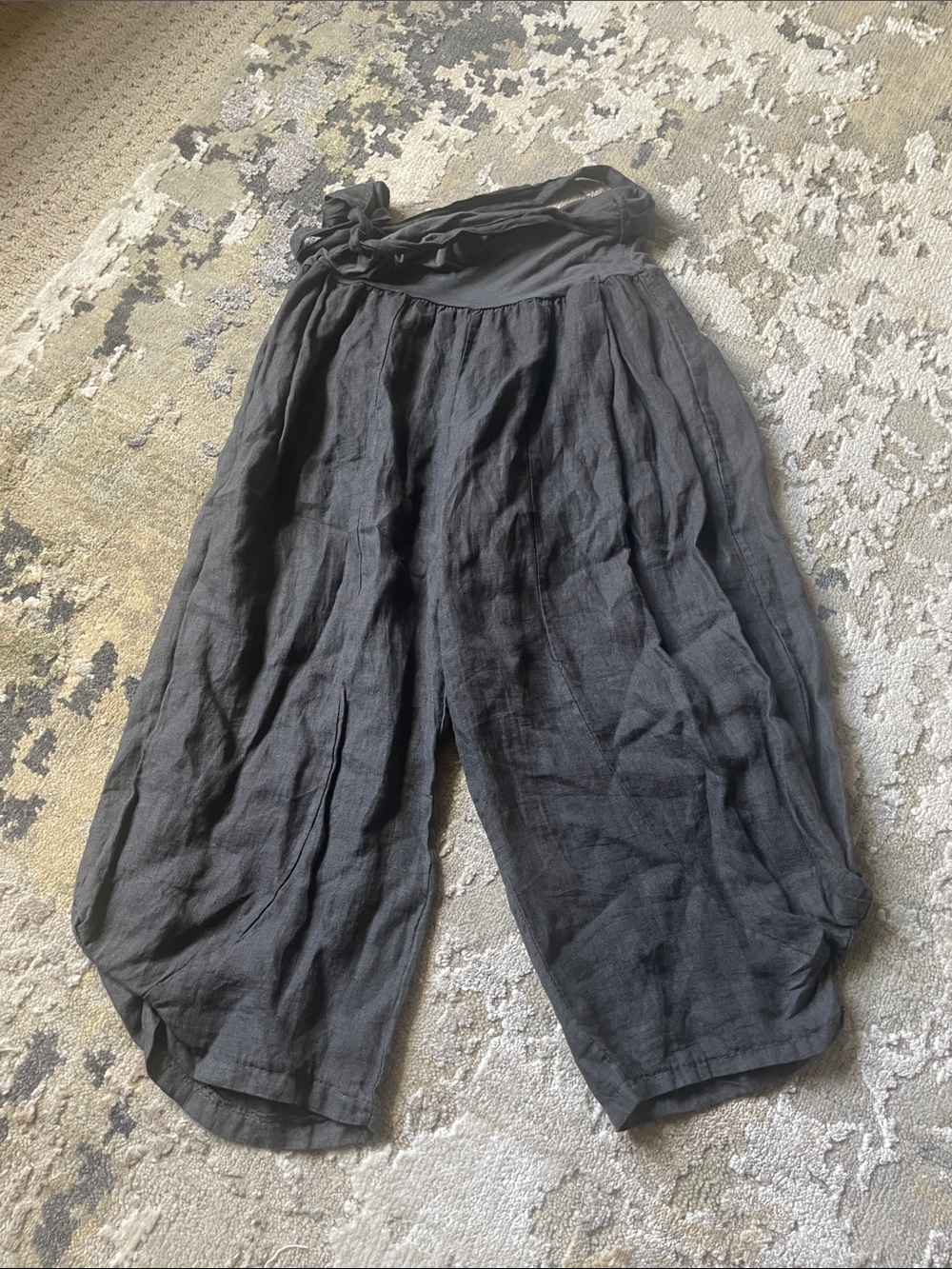 Charcoal grey Linen barrel Wide Leg Tie-Waist Pants - Picture 2 of 5